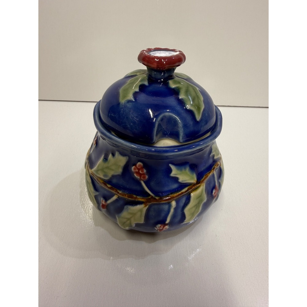 Blue Ceramic Holly Berry Jam Honey Pot with Lid Christmas Holiday Decor